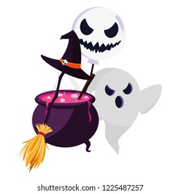 happy halloween ghost with cauldron and broom