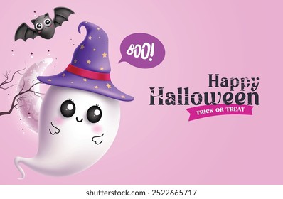 Feliz halloween fantasma personagem vetor modelo design. Halloween truque ou tratar texto saudação com bonito rosto fantasma personagem vestindo chapéu de bruxa em fundo roxo assustador para cartão de convite sazonal.