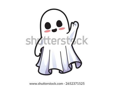Happy Halloween ghost character waving with a friendly smile. Halloween concept