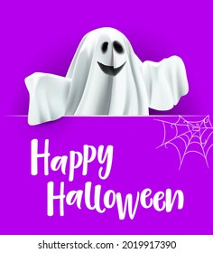 Fröhliches Halloween. Gespenst und cobweb Poster. Geist auf lila Hintergrund mit Text Happy Halloween.