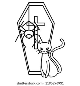 happy halloween ghost with coffin and cat