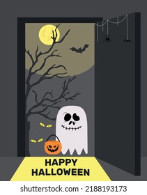 Feliz Halloween. El fantasma recoge dulces. Puerta abierta. Truco o trato. Noche, luna, murciélagos. Caricatura educada de un personaje de niño que da miedo.