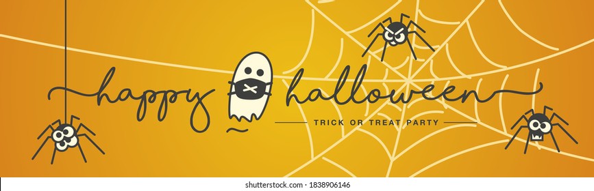 Happy Halloween ghost with face mask angry spiders handwritten lettering logo orange background banner greetings