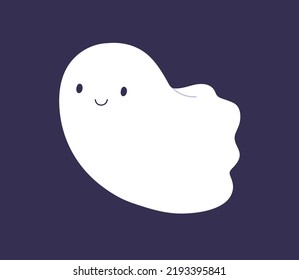 Happy Halloween ghost flying. Cute funny boo character, friendly baby phantom spirit smiling. Fun spook, kids monster with positive expression, emotion. Isolated childish flat vector illustration