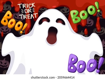 Feliz Halloween, pancarta de marco fantasma o calabaza de fondo de invitación de fiesta y personaje de sangre en estilo plano. Fotografía con un afiche con un fantasma y una linterna. Colocar el texto en el marco