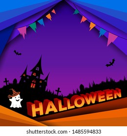 Happy Halloween with ghost and graveyard background.