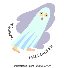 Feliz Halloween.  Fantasma con piernas. Elementos de Halloween. Inscripción. Dibujo manual. Ilustración vectorial. Para una postal, invitación, afiche.
