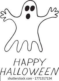 Happy Halloween ghost and lettering. Hand drawn in doodle style. vector, scandinavian, monochrome. Template for design, sticker, card, poster, invitation, party decor