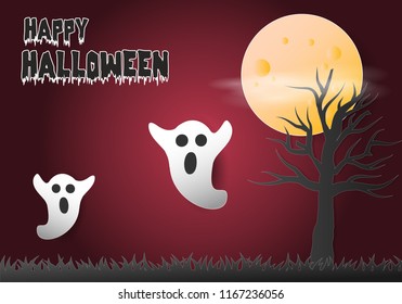 Happy Halloween with ghost and moon, paper art background. illustration vector
