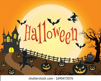 Happy Halloween, ghost night with pumpkins and zombies in a  dark night, full moon, a witch, ghost house-vector illustration