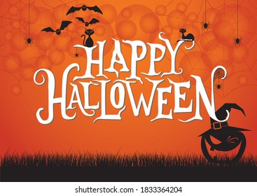 Happy Halloween, ghost night with pumpkins  in a dark night,  Halloween pumpkins and dark background.