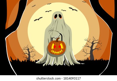 Happy halloween. Ghost on a dark night with a pumpkin. Stock vector illustration.