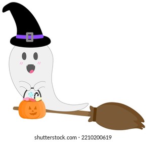 Happy Halloween ghost with pumpkin basket on broomstick. cute vector illustration design. 