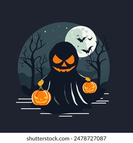 Happy Halloween ghost and pumpkins in vector illustration. Flat style design.