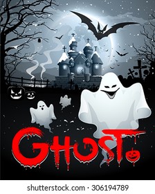 Happy Halloween ghost and red message on full moon design background, vector illustration