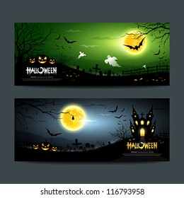 Happy Halloween ghost scary banner set background, vector illustration