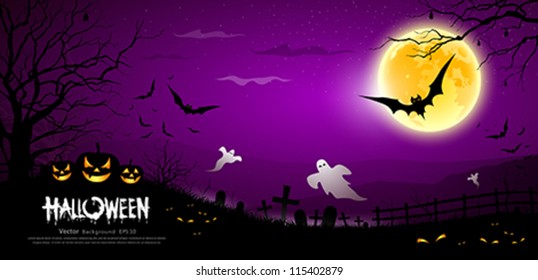 Happy Halloween ghost scary purple background, vector illustration