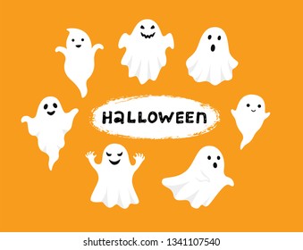 Happy Halloween, Ghost, Scary white ghosts. Cute cartoon spooky character. Smiling face, hands. Orange background Greeting card.