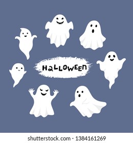 Happy Halloween, Ghost, Scary white ghosts. Cute cartoon spooky character. Smiling face, hands. Blue background Greeting card.