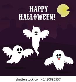 Happy Halloween, Ghost, Scary white ghosts. Cute cartoon spooky character. Smiling face, hands. violet background Greeting card