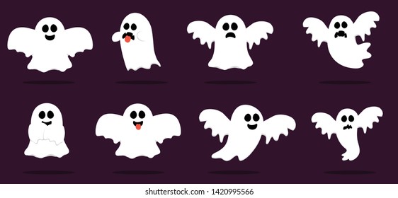 Happy Halloween, Ghost, Scary white ghosts. Cute cartoon spooky character. Smiling face, hands. violet background Greeting card