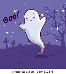 happy halloween, ghost in scene cemetery vector illustration design