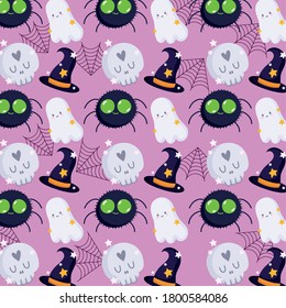 happy halloween, ghost skull spider witch hat cartoon trick or treat party celebration vector illustration