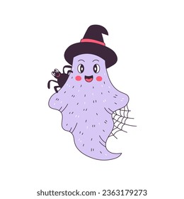 Happy Halloween ghost with spider and web. Cute comic ghost in witch hat. Classic cartoon retro style. Vector illustration. Halloween design.