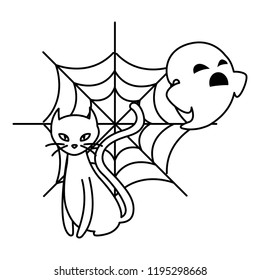 happy halloween ghost with spiderweb and cat