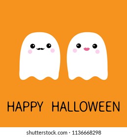 Happy Halloween. Ghost spirit family couple with lips, mustaches. Scary white ghosts family. Cute cartoon character. Boo spooky face. Orange background. Greeting card Flat design. Vector illustration