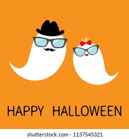 Happy Halloween. Ghost spirit family set with lips, mustaches eyeglasses, hat, bow. Scary white ghosts. Cute cartoon character. Smiling spooky face Orange background. Greeting card Flat design. Vector