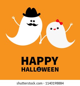 Happy Halloween. Ghost spirit family set with lips, mustaches. Scary white ghosts family. Cute cartoon character. Smiling spooky face hands hat bow. Orange background Greeting card Flat design. Vector