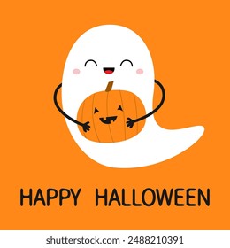 Happy Halloween. Ghost spirit holding pumpkin. Funny creepy smiling face. Cute cartoon kawaii baby character. Eyes, teeth. Greeting card. Sticker print. Orange background Isolated. Flat design. Vector