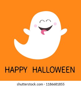 Happy Halloween. Ghost spirit showing tongue. Boo. Scary white ghosts. Cute cartoon spooky character. Smiling face, hands. Orange background Greeting card. Flat design. Vector