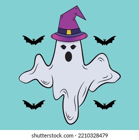 Happy Halloween Ghost in a Witch hat with happy face and flying Cute Bat Halloween Vector illustration