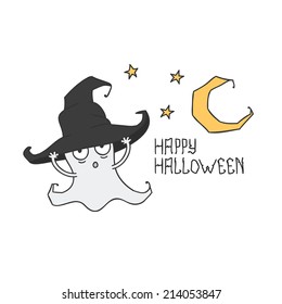 Happy Halloween. Ghost in the witch's hat. Trick or treat. Vector illustration. Background.