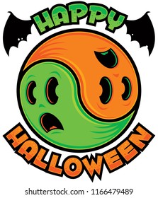 Happy Halloween Ghost Yin-Yang. Yin-Yang symbol made from two spooky scared ghosts in green and orange with Happy Halloween text.