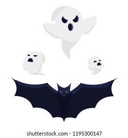 happy halloween ghosts with bats flying