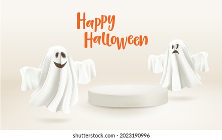 Feliz Halloween. Fantasmas con podio blanco vacío para su producto. Camionetas. Fantasmas sobre el fondo beige con texto Feliz Halloween.