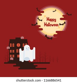 Happy Halloween, ghosts flying in front of haunted house under glowing full moon and bats on red background in cartoon style