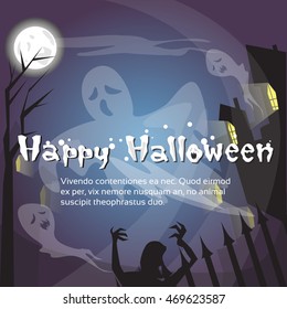 Happy Halloween Ghosts House Card Banner Flat Vector Illustration