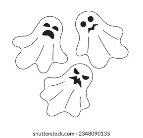 Happy halloween ghosts monochrome concept vector spot illustration. Haunted house spirits 2D flat bw cartoon characters for web UI design. Helloween monsters isolated editable hand drawn hero image