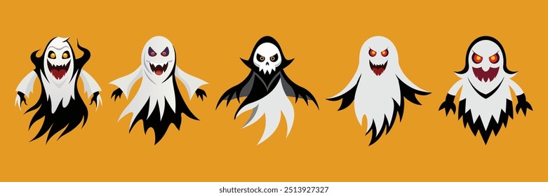 Happy halloween ghosts monochrome concept vector spot illustration. Haunted house spirits 2D flat bw cartoon characters for web UI design. Helloween monsters isolated editable hand-drawn hero image