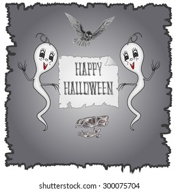 Happy Halloween ghosts and owl with skull vector illustration