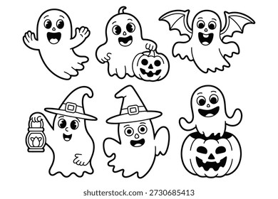 Feliz Halloween fantasmas y calabazas sombreros de bruja linterna