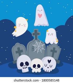 happy halloween, ghosts skulls and cemetery gravestones trick or treat party celebration vector illustration
