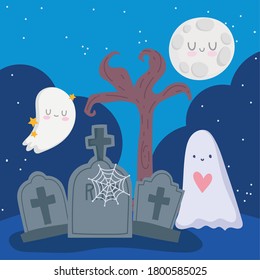 happy halloween, ghosts tombstone tree moon night trick or treat party celebration vector illustration