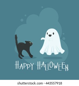 Happy Halloween gift card with a black cat scared of white ghost and hissing at it, with fur hairs standing on end, single composition in light blue frame on dark blue background. Vector illustration.