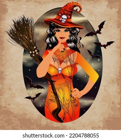 Happy Halloween Gift Card, Full Moon And Sexual Witch, Vector Illustration