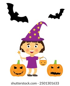 Happy Halloween Girl with Bats and Pumpkins. Seasonal national holiday concept vector character